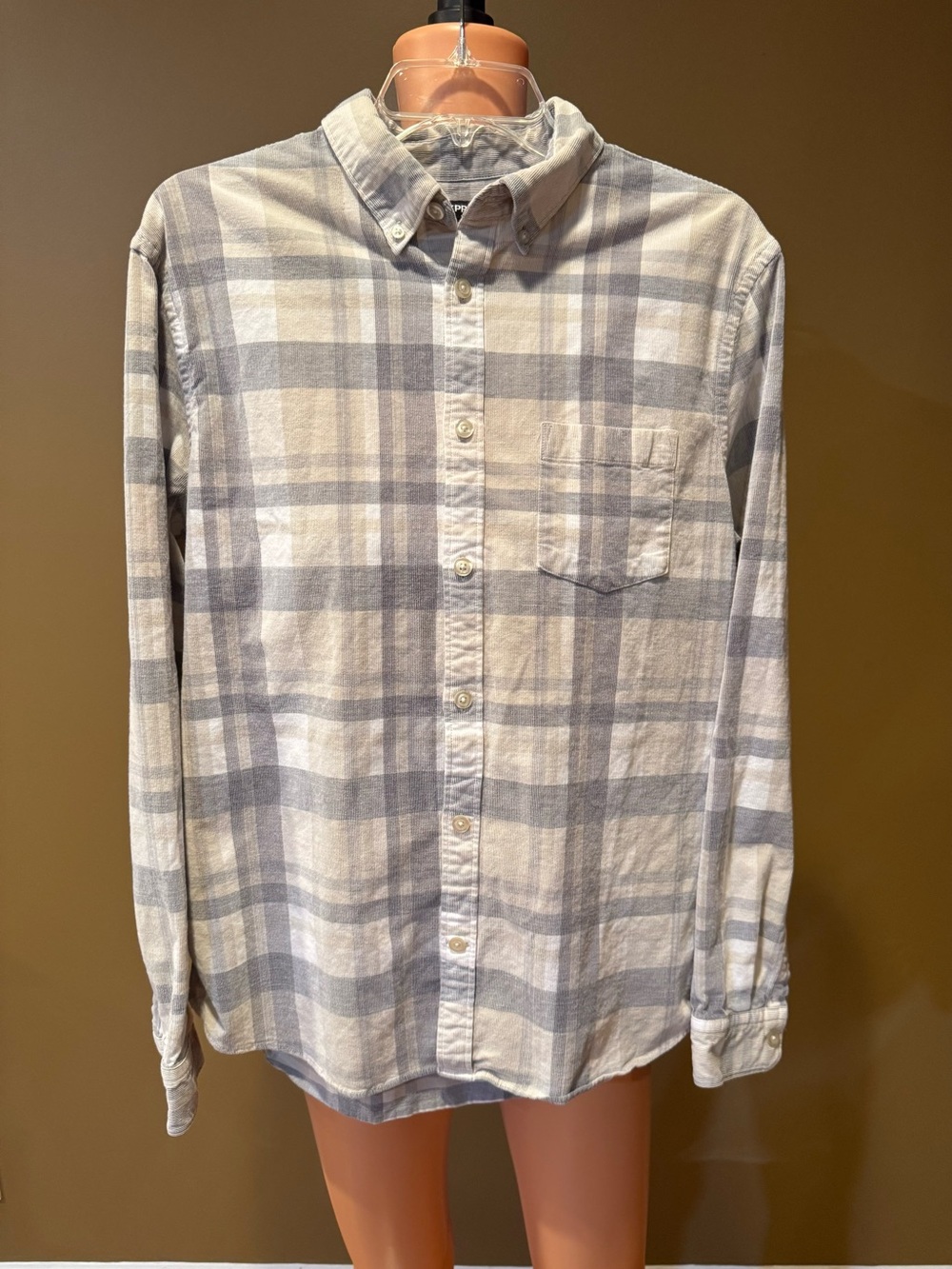 Express Men's Light Gray and White Plaid Button-Down Shirt